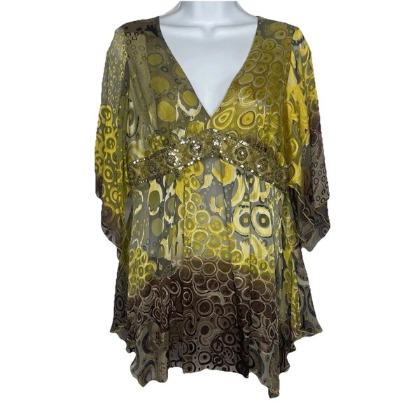 Vintage Y2K Anna Paul Silk Blouse Size M Green Gold Embroidery Sequins Maternity - Picture 1 of 8